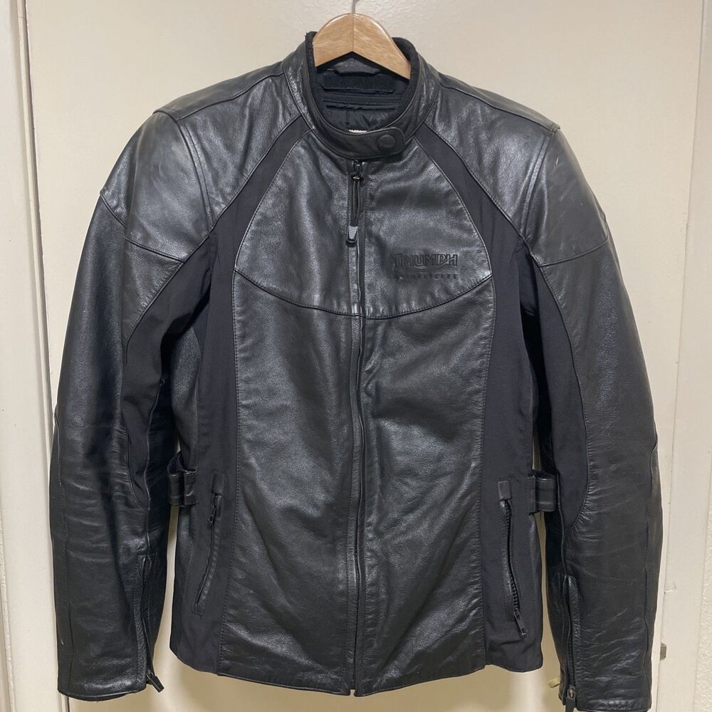 Motorcycle Triumph Black Racing Leather Jacket Biker Armor & Liner 2 Large/2G